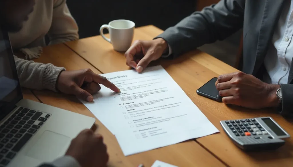 A modern Kenyan office environment with two HR professionals collaborating at a wooden table, reviewing a neatly arranged payroll checklist on paper. One person is pointing at a printed step-by-step process document, while the other types notes into a laptop. Nearby are a calculator, coffee mugs, and organized stationery, giving a sense of structure and professionalism. The atmosphere is collaborative and focused, with warm natural lighting highlighting the papers on the table.