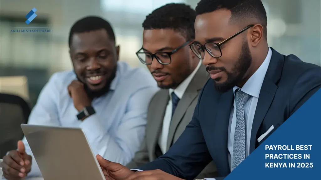A Kenyan HR/finance team in an office, reviewing payroll data on a laptop/tablet.
