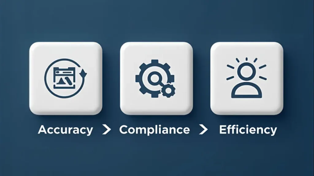 Infographic-style graphic showing “Accuracy → Compliance → Efficiency” as a 3-step process.
