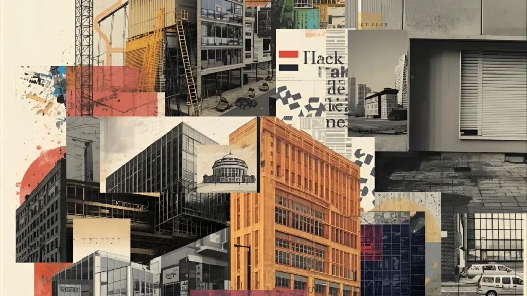 Collage  illustration showing diverse sectors; retail, construction, tech, hospitality, and finance.