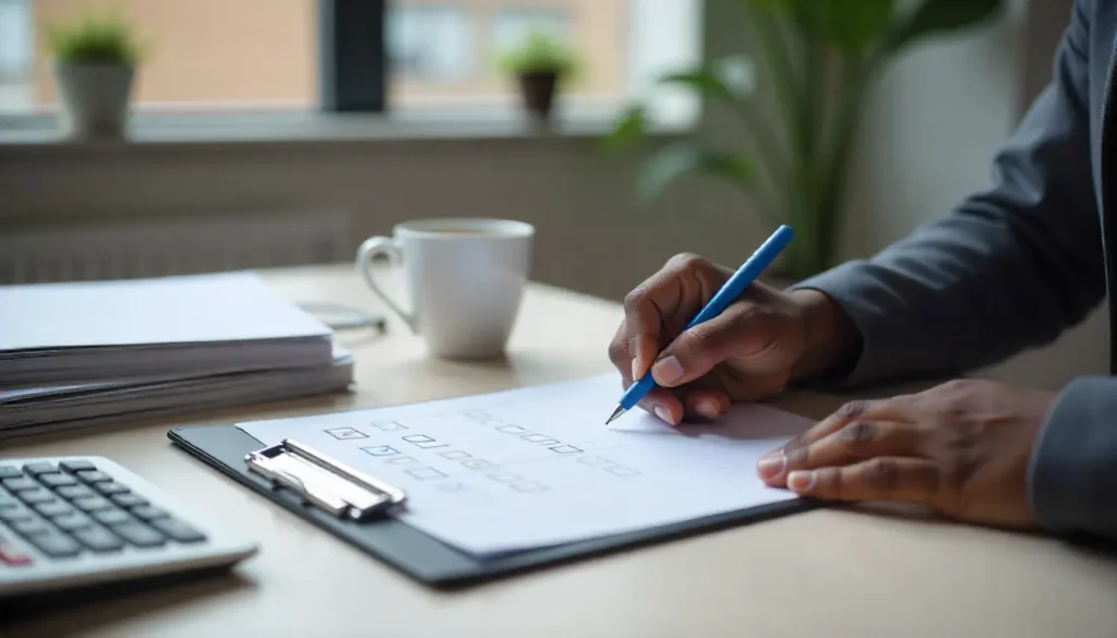 Close-up shot of an African HR professional’s hands holding a printed compliance checklist on a clipboard, with several items already ticked off using a blue pen. The desk includes neat office supplies — a calculator, a stack of organized files, and a cup of coffee. The background shows a blurred modern office interior, giving the sense of professionalism and focus on accurate payroll compliance.
