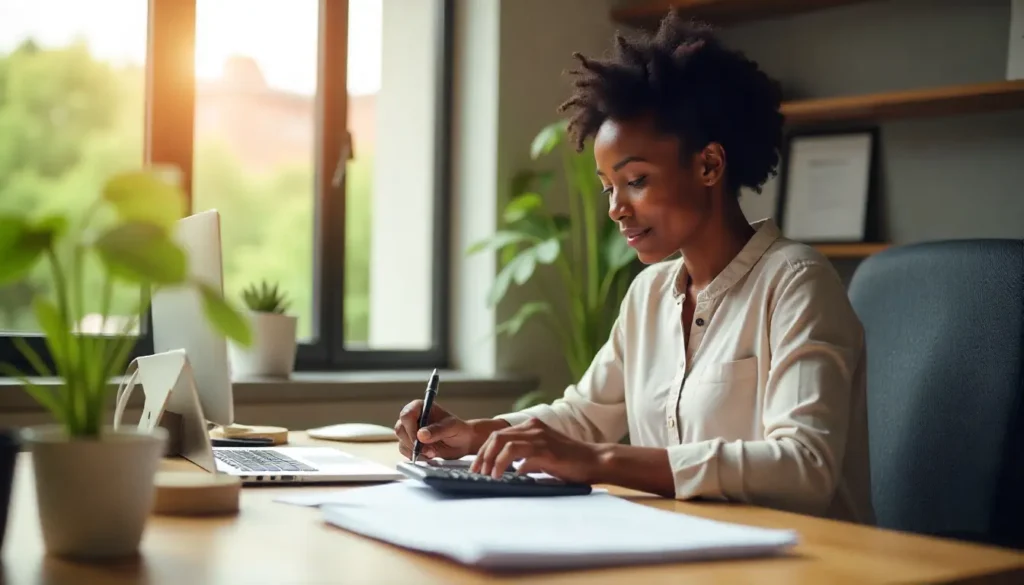 A professional African HR officer sitting at a modern office desk, reviewing payroll documents with a pen and calculator. Natural light coming through the window, warm tones, focus on neat paperwork and an organized workspace. The scene feels approachable, trustworthy, and professional — no computer dashboards, just real papers and tools for payroll preparation.