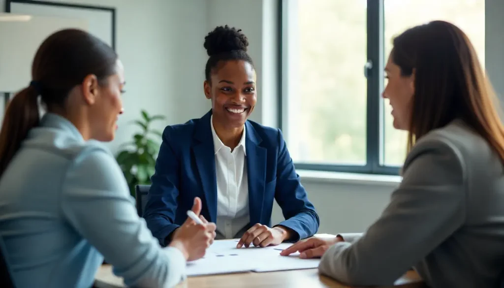 A professional African HR consultant in business attire sitting at a modern office desk, smiling while explaining payroll concepts to two colleagues. The table has neatly arranged payroll documents, a laptop, and a notepad. The colleagues look attentive and engaged, one taking notes, the other nodding. The background shows a clean, bright office space with natural light, giving a sense of clarity and professionalism.