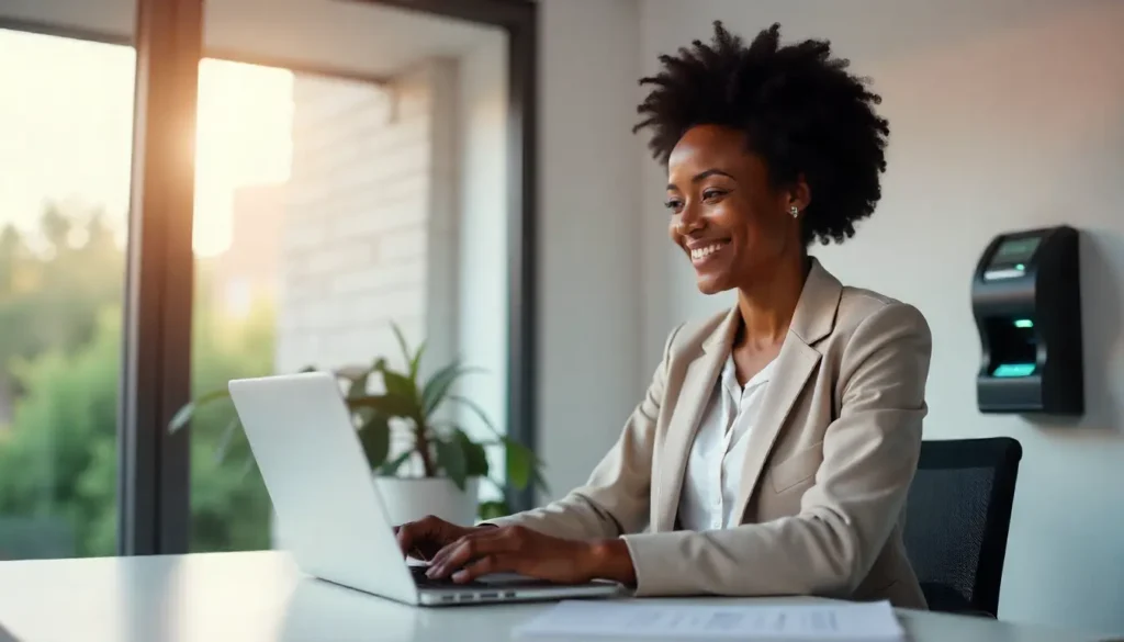 Bright modern office during the day with a relaxed African woman smiling while reviewing payroll data on a laptop. Clean desk, daylight through the window, biometric attendance device on the wall. Calm and professional atmosphere.