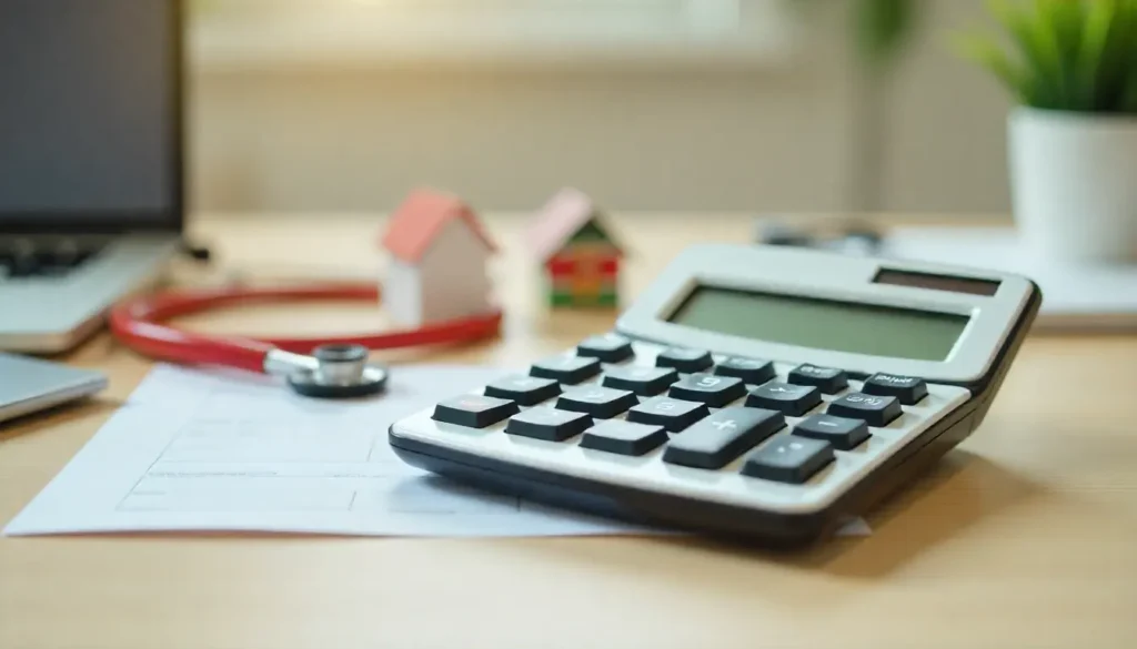 Image of a calculator on a desk with symbols representing taxes, healthcare, and pension — including a miniature house, a stethoscope, and a small Kenyan flag. Clean, modern office background, natural lighting."