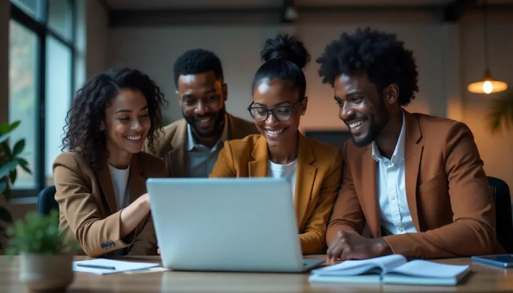 image of a small office team (3-5 African professionals) gathered around a laptop, reviewing payroll or finance data. One person is pointing at the screen, smiling. Background shows an organized office. Emphasis on collaboration, tech, and professionalism.