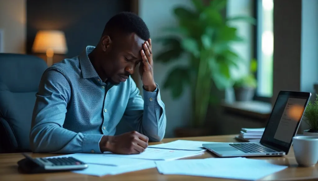 "A stressed African office manager sitting at a wooden desk, holding his forehead with one hand while looking at a pile of payroll documents with visible red marks and corrections. On the desk, a calculator, scattered papers, and a laptop screen showing an error notification. The background is a modern Kenyan office with natural daylight coming through the window, emphasizing the tension of payroll mistakes.