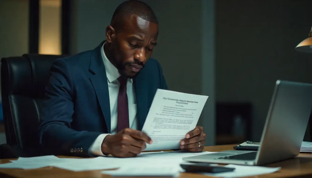 An African business owner in a suit sitting at a cluttered office desk, looking worried while holding a government-looking penalty notice or overdue payment letter with a bold red 'LATE' or 'PENALTY' stamp on it. On the desk are scattered bills, a calculator, and a laptop showing a warning pop-up. The background is a corporate office with muted lighting, emphasizing stress and seriousness.