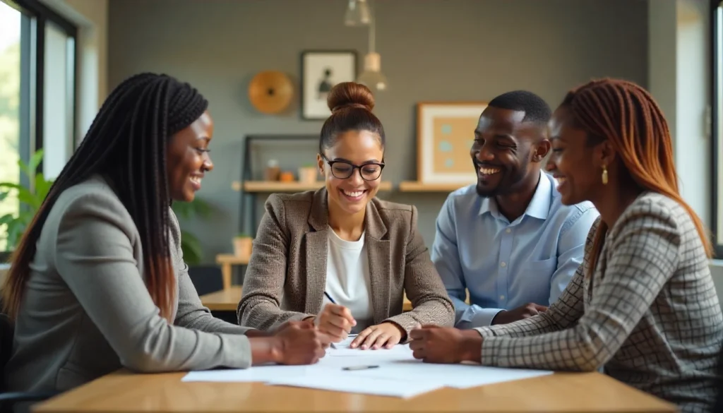 A modern Kenyan office environment with diverse HR professionals — men and women collaborating around a table, smiling and discussing strategy. Natural daylight, professional attire, subtle African-inspired decor, and a sense of innovation and teamwork. Realistic photography style.