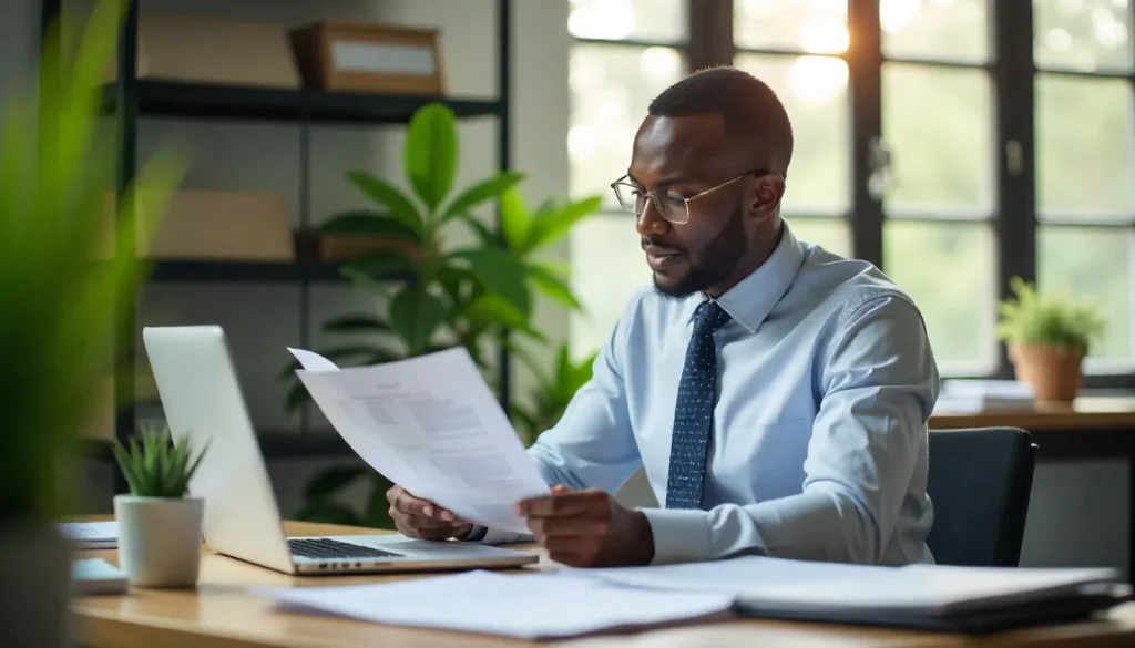 A confident HR leader shaking hands with a team member in a bright modern Kenyan office, symbolizing trust, innovation, and partnership. Smiling faces, professional setting, feeling of success and optimism. Realistic photo with warm lighting.