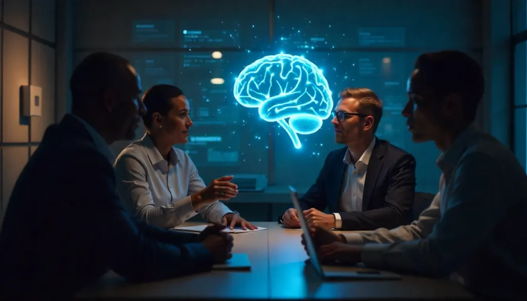 A group of HR professionals and employees from Kenya having a collaborative discussion while an AI concept (abstract digital light patterns or holographic brain icon in the background) subtly suggests technology working in harmony with people. Realistic photo blended with light futuristic effects.