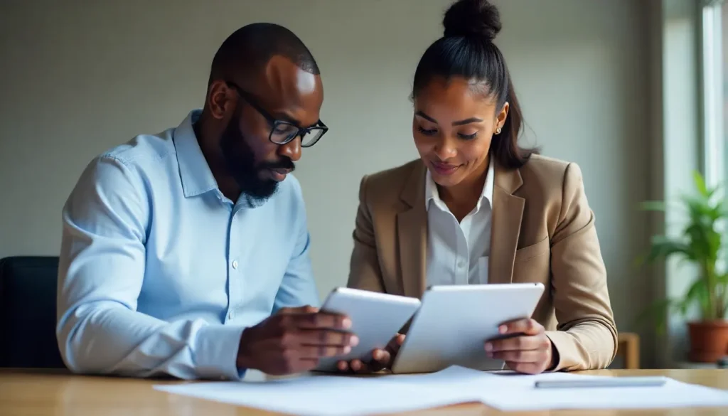 A busy HR manager in a Kenyan corporate setting reviewing employee files and digital reports with a sense of relief and efficiency, surrounded by organized paperwork, plants, and natural light. Emotion of control and clarity. Realistic photo style.
