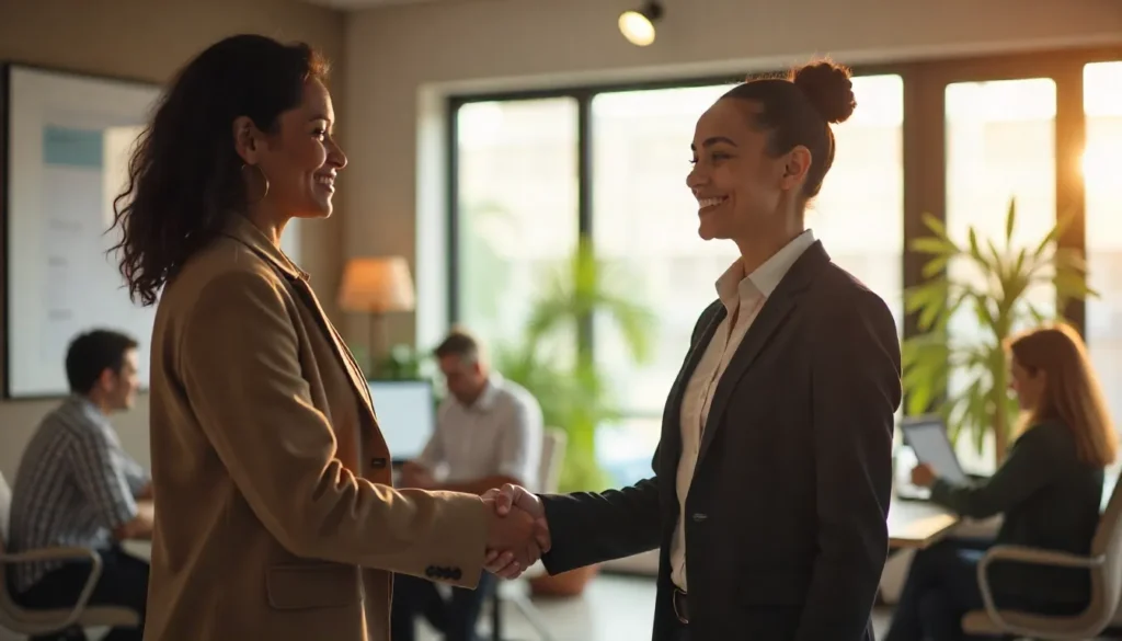 A confident HR leader shaking hands with a team member in a bright modern Kenyan office, symbolizing trust, innovation, and partnership. Smiling faces, professional setting, feeling of success and optimism. Realistic photo with warm lighting.