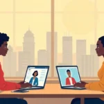 modern African office teamwork illustration, Kenyan professionals working remotely on laptops, HR software dashboard on screen, gender-diverse team video calling from Nairobi skyline background, tech startup style, warm daylight, flat vector style, business productivity and remote collaboration theme