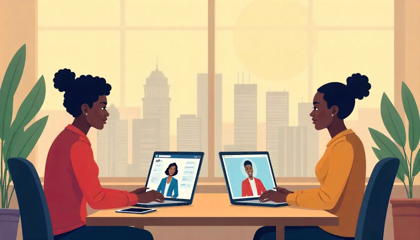 modern African office teamwork illustration, Kenyan professionals working remotely on laptops, HR software dashboard on screen, gender-diverse team video calling from Nairobi skyline background, tech startup style, warm daylight, flat vector style, business productivity and remote collaboration theme