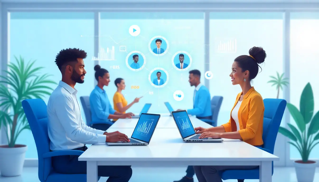 Modern Kenyan office environment with diverse African professionals using laptops and tablets, surrounded by digital holograms representing HR, payroll, AI, and data analytics. Futuristic interface elements showing graphs, employee profiles, and compliance icons (KRA, NSSF, NHIF). Corporate yet friendly aesthetic, clean light background, SkillMind Software theme colors (blue and white), symbolizing AI-powered HR and payroll automation in Kenya