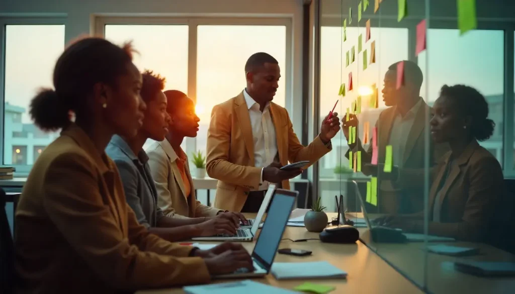 A photo-realistic image of young African professionals in a modern office setting, some using laptops and tablets while others brainstorm on a glass board with sticky notes. The group appears dynamic, optimistic, and future-focused, symbolizing Africa’s growing workforce and readiness for AI-driven HR solutions. Bright natural light, modern furniture, subtle futuristic abstract elements in the background to hint at innovation.