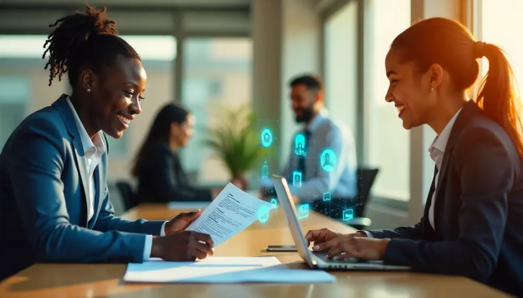 A photo-realistic collage-style scene showing African HR professionals and employees in different scenarios:

An African recruiter smiling while reviewing a candidate’s printed CV with AI-generated notes on the side (implied through holographic abstract elements, not dashboards).

A performance review meeting between an African manager and employee, both smiling and engaged across a desk.

A young African professional studying on a laptop with AI-inspired holographic icons floating subtly (like a graduation cap, growth arrow, or learning symbols).
The setting is a modern African office, bright and professional, with diverse men and women in business attire.