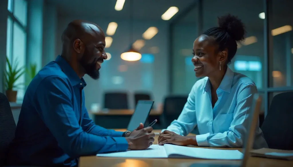 A photo-realistic image of an African HR manager in a mid-sized office setting, smiling as they speak with an employee across a desk. The manager has printed reports and a laptop open, while subtle AI-inspired holographic elements (like data graphs, glowing light trails, or predictive icons) appear in the background to symbolize AI insights guiding the discussion. The employee looks relieved and positive, representing a successful HR intervention. The scene is warm, professional, and authentically African.