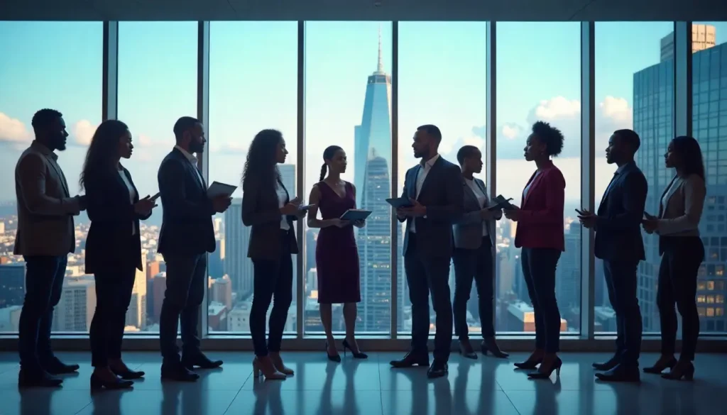 A wide photo-realistic scene of a diverse group of African professionals (men and women) standing together in front of a large window with a panoramic city skyline in the background, symbolizing growth and modern Africa. Some hold laptops and notebooks, others engage in conversation, looking confident and future-focused. Subtle AI-inspired glowing elements (like network connections, abstract light trails, or futuristic overlay patterns) float in the sky behind them, suggesting Africa’s leap into AI-driven HR transformation. Bright, aspirational, and professional atmosphere.