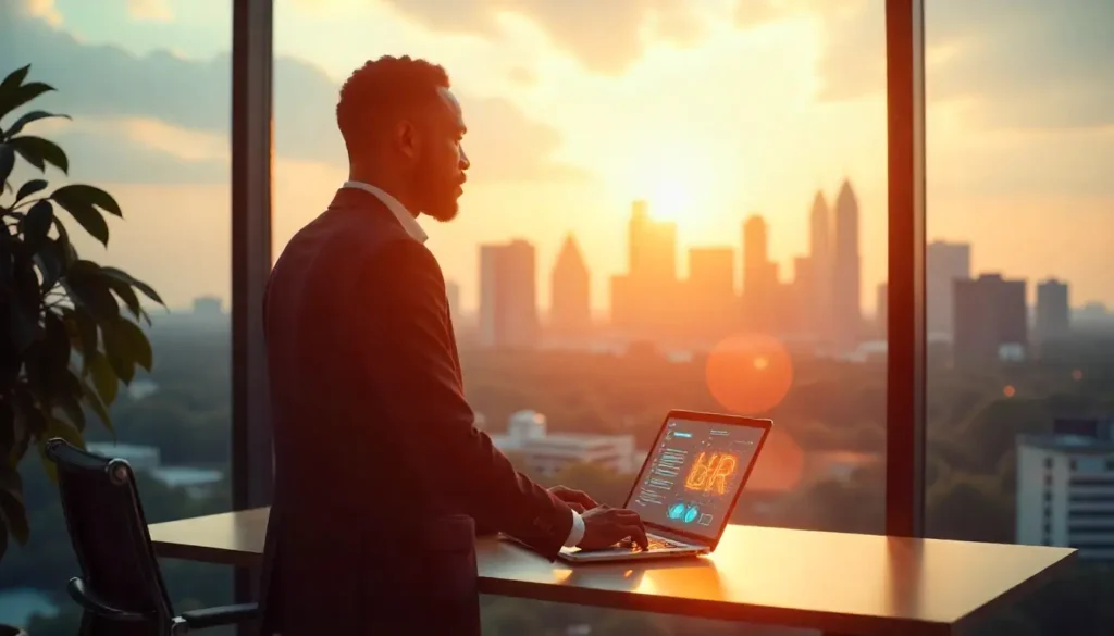 A photo-realistic image of a confident African HR leader (man or woman) standing in a modern office, looking out of a large glass window toward a bright city skyline, symbolizing the future. On their desk sits a laptop glowing subtly with futuristic AI-inspired light effects, suggesting HR Genie at work. The atmosphere is professional, inspiring, and visionary, with warm sunlight casting an optimistic glow. The scene conveys leadership, innovation, and readiness for the next step.