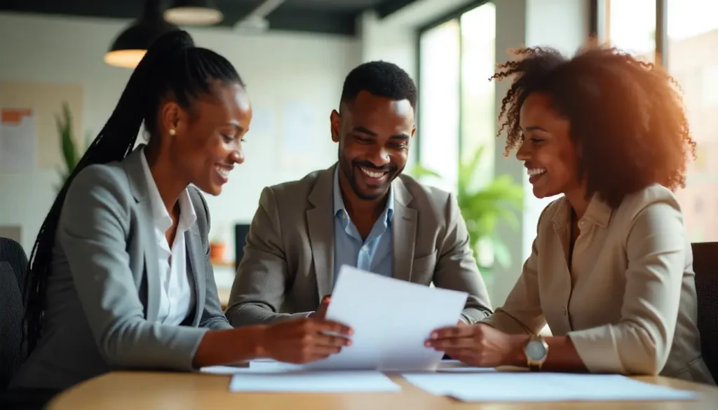 A professional Kenyan office setting with diverse employees smiling while reviewing salary documents and payslips together at a bright, modern workspace; warm natural light; emphasis on teamwork, finance, and accuracy; realistic human expressions; corporate tone; high-quality photorealistic style.