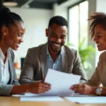 A professional Kenyan office setting with diverse employees smiling while reviewing salary documents and payslips together at a bright, modern workspace; warm natural light; emphasis on teamwork, finance, and accuracy; realistic human expressions; corporate tone; high-quality photorealistic style.