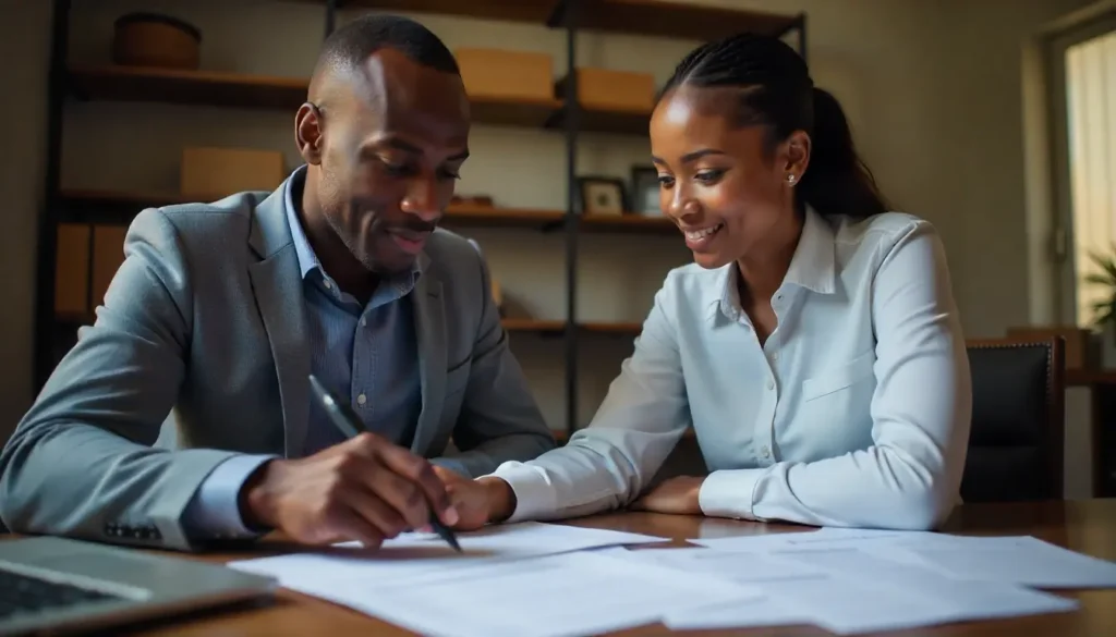 A small business owner in Kenya reviewing payroll files with an accountant, both focused and engaged; documents showing taxes and payslips on a wooden desk; subtle Kenyan context (e.g., mobile phone on M-Pesa app); realistic indoor lighting; professional tone.
