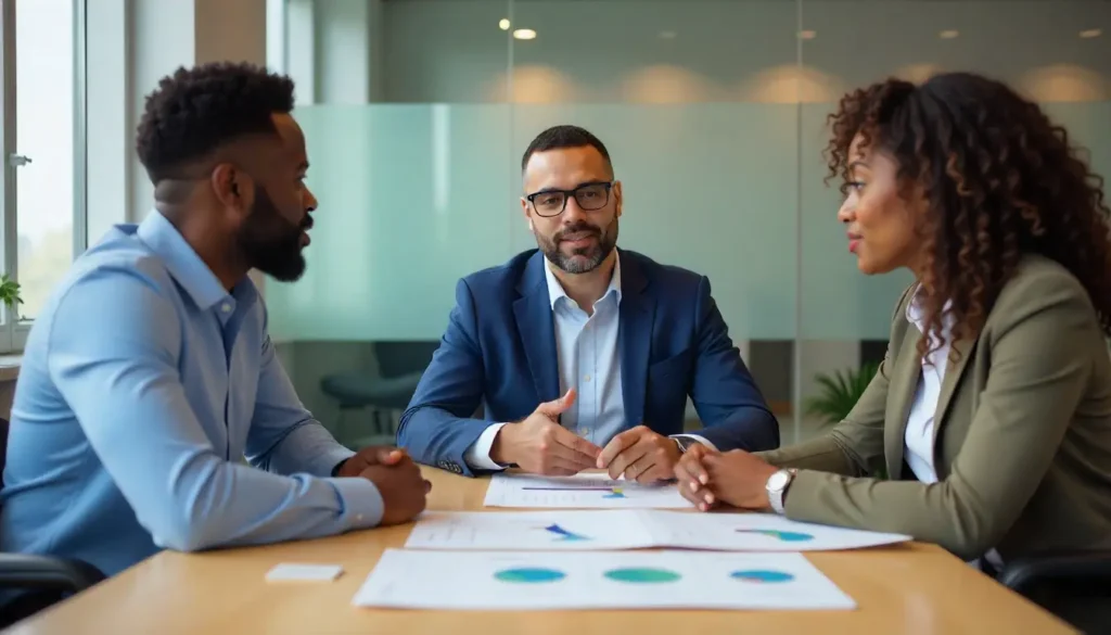 A business consultant presenting different payroll solution options to two Kenyan entrepreneurs in a modern meeting room; printed comparison charts on the table; focus on discussion and decision-making; clean corporate background; diverse professionals; photorealistic style.