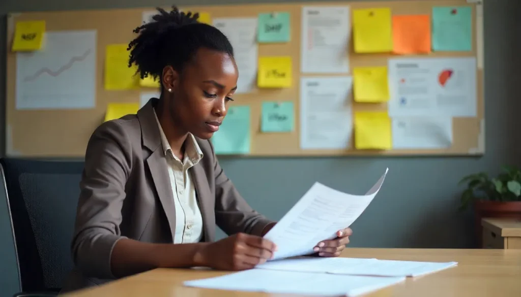 A young HR manager analyzing printed payroll reports and compliance checklists in an organized workspace; sticky notes on the wall labeled “NSSF,” “NHIF,” “iTax”; sense of focus and diligence; realistic detail; warm tone.