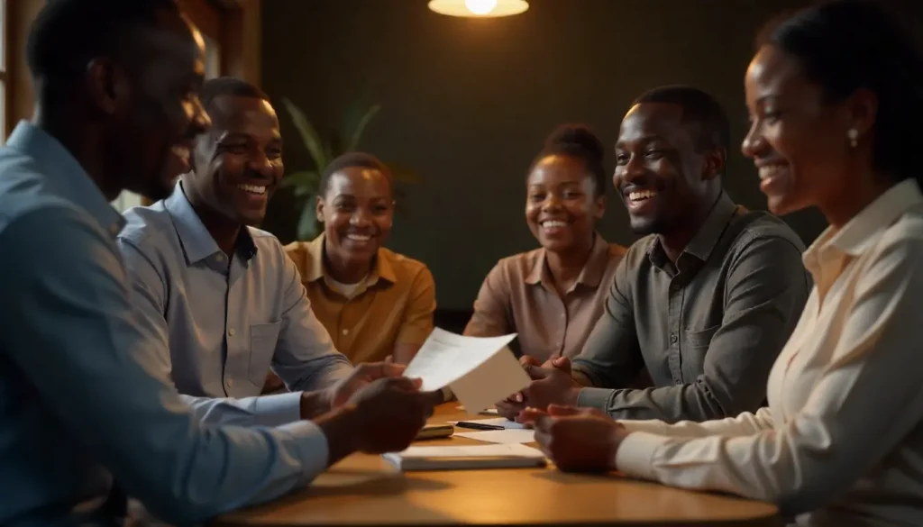 A small Kenyan company team celebrating a successful payday; HR officer handing payslips to smiling employees; subtle Kenyan setting; human warmth and relief; storytelling composition; authentic lighting and expressions.