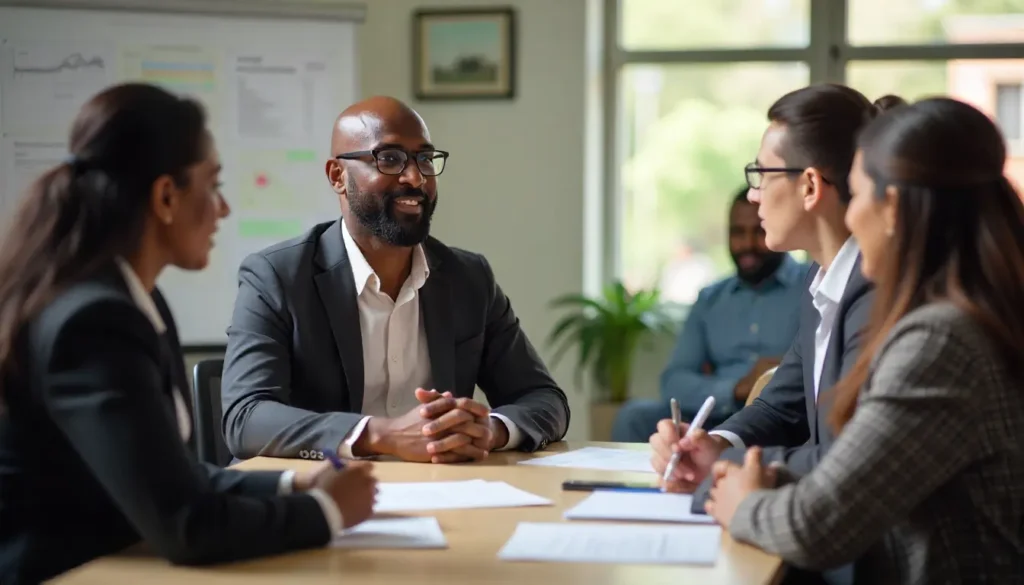 A professional HR consultant answering payroll-related questions from business owners during a small workshop or seminar in Nairobi; participants taking notes; educational atmosphere; natural light; authentic interactions; photorealistic corporate tone.