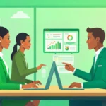 Illustration of Kenyan professionals using a digital time and attendance software system in a modern Nairobi office, featuring biometric clock-in devices and cloud-based dashboards from TimeTrax by SkillMind Software Ltd.