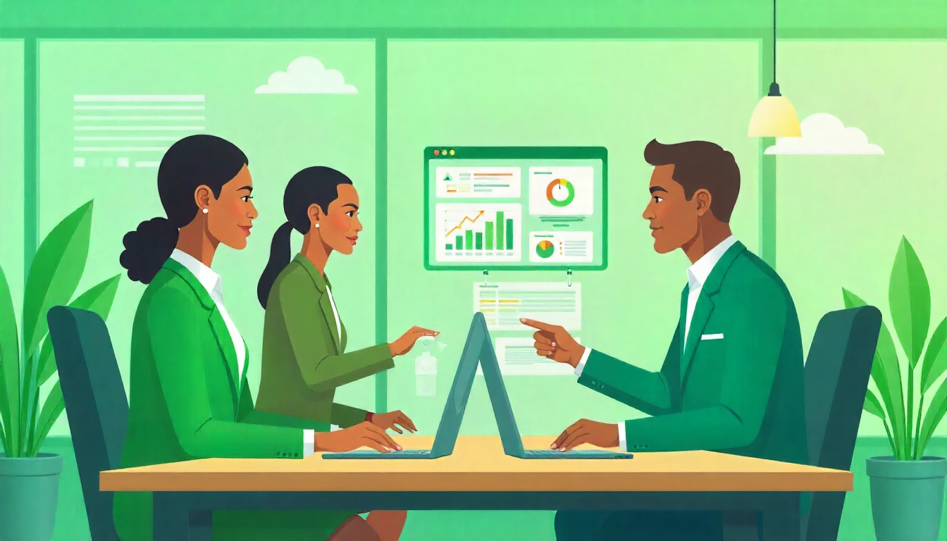 Illustration of Kenyan professionals using a digital time and attendance software system in a modern Nairobi office, featuring biometric clock-in devices and cloud-based dashboards from TimeTrax by SkillMind Software Ltd.