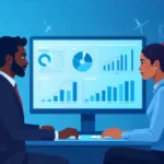 illustration of AI-powered employee appraisal and performance review system in a digital office environment. Depict an HR manager analyzing performance dashboards on a computer with AI data visuals (charts, analytics, neural network icons, and automation symbols). Include diverse Kenyan office characters (men and women) engaging in a discussion or receiving performance feedback.