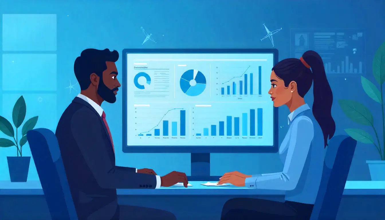 illustration of AI-powered employee appraisal and performance review system in a digital office environment. Depict an HR manager analyzing performance dashboards on a computer with AI data visuals (charts, analytics, neural network icons, and automation symbols). Include diverse Kenyan office characters (men and women) engaging in a discussion or receiving performance feedback.