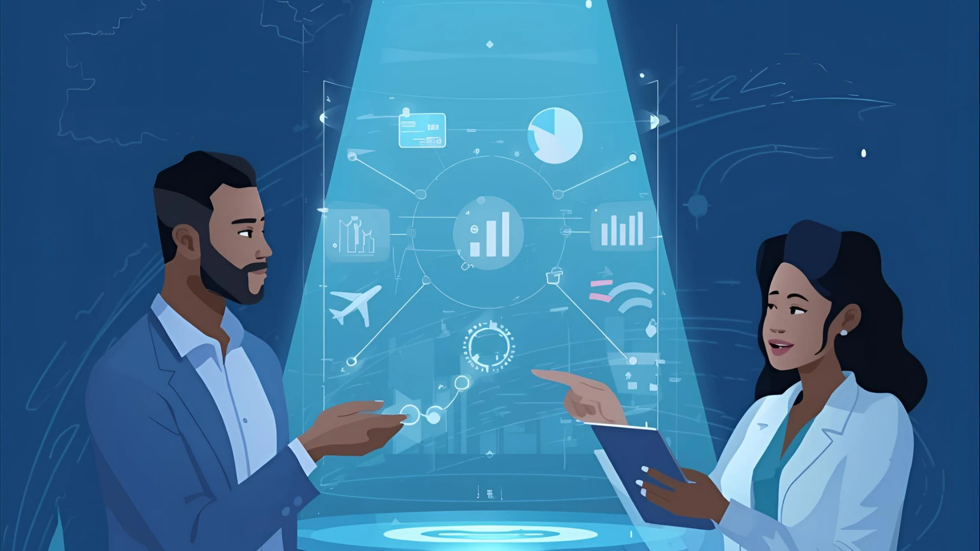 Illustration of Kenyan professionals interacting with an AI-powered dashboard visualizing travel and expense data, showing icons for flights, budgets, and payments in a modern, blue-themed workspace.