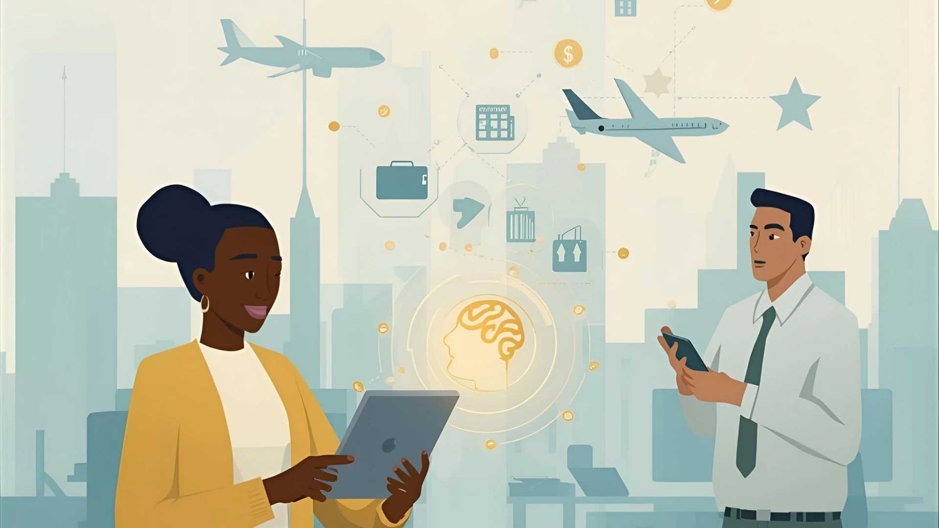 Illustration of Kenyan HR and finance professionals using AI-driven travel and expense software, with glowing dashboards and connected icons symbolizing automation, efficiency, and financial control.