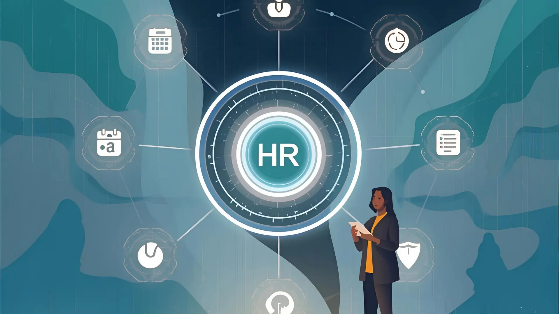 Illustration of Kenyan HR professionals interacting with an AI-powered central HR hub surrounded by icons for payroll, attendance, and employee records, symbolizing unified data management, intelligence, and control.