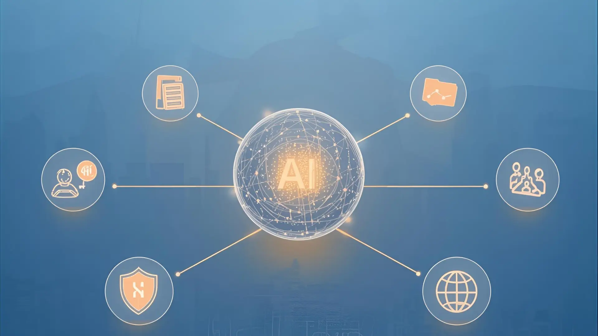 Illustration of a centralized AI-powered HR data hub connected to multiple icons for employee records, analytics, security, and integration, symbolizing unified employee data management and intelligent automation across branches.
