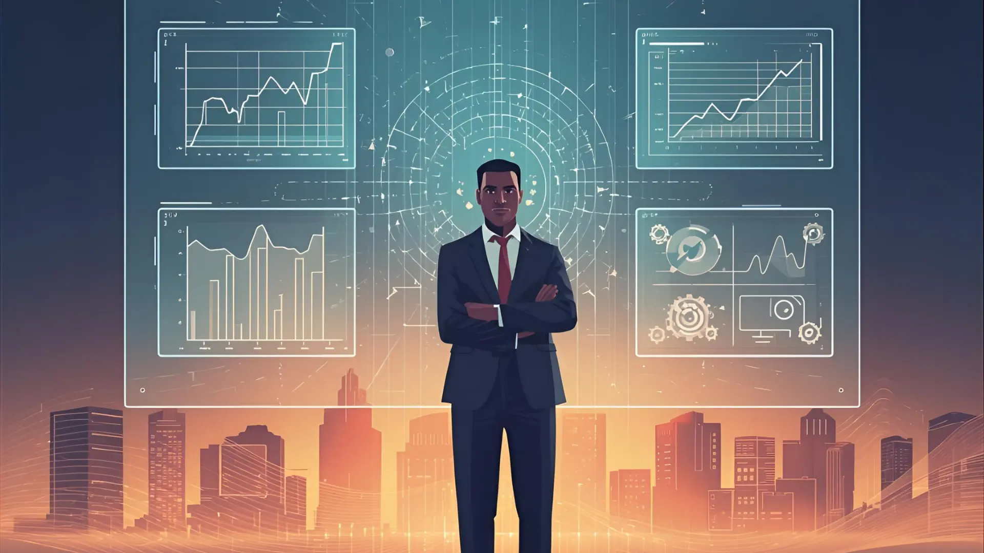 Illustration of HR professionals managing an AI-powered HR system through a unified holographic dashboard showing analytics, compliance, and integration icons, symbolizing clarity, automation, and predictive workforce management.