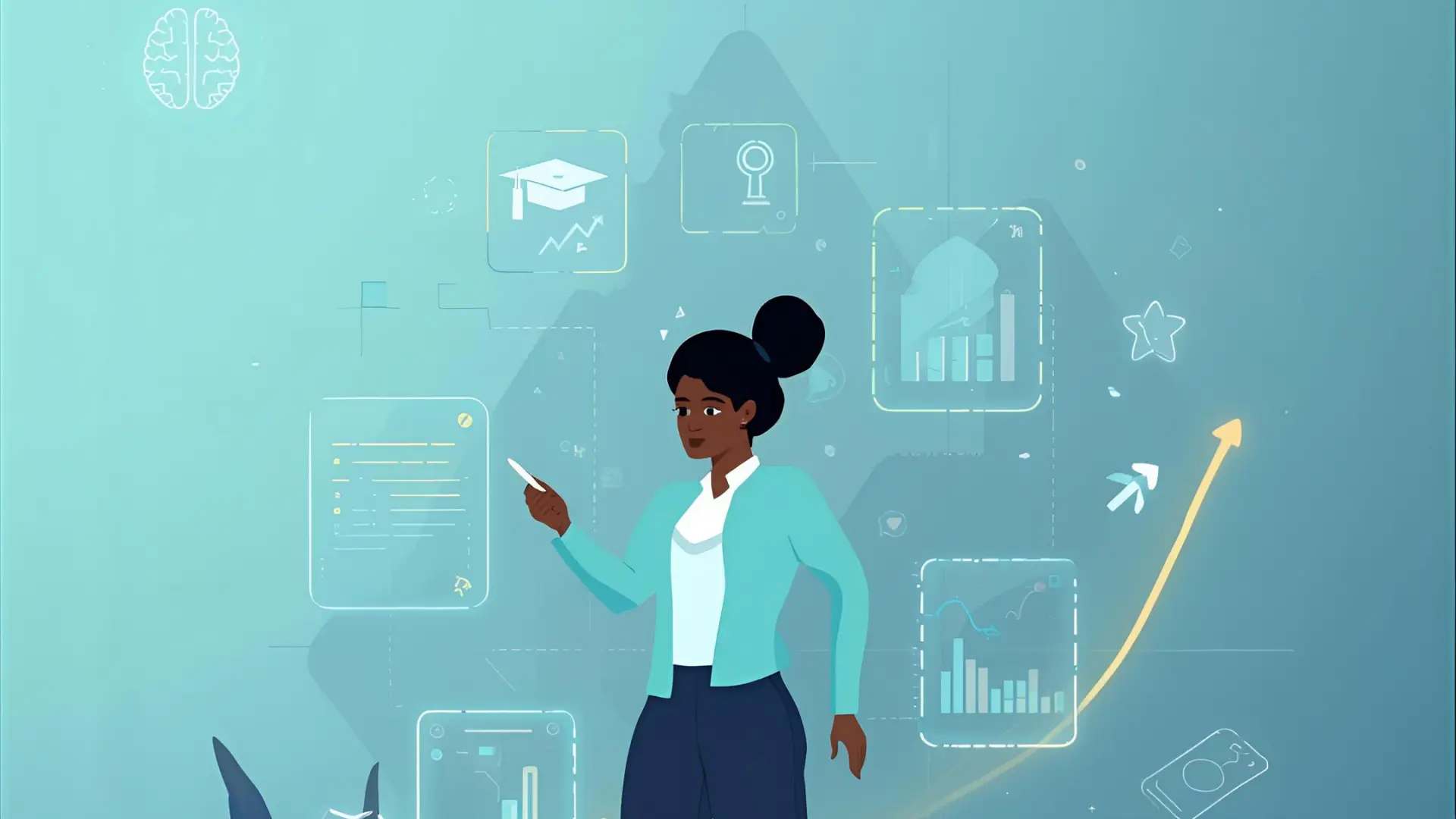 Illustration of an African professional engaging with holographic AI learning modules connected by glowing data lines, symbolizing personalized AI-powered employee training and continuous career development.