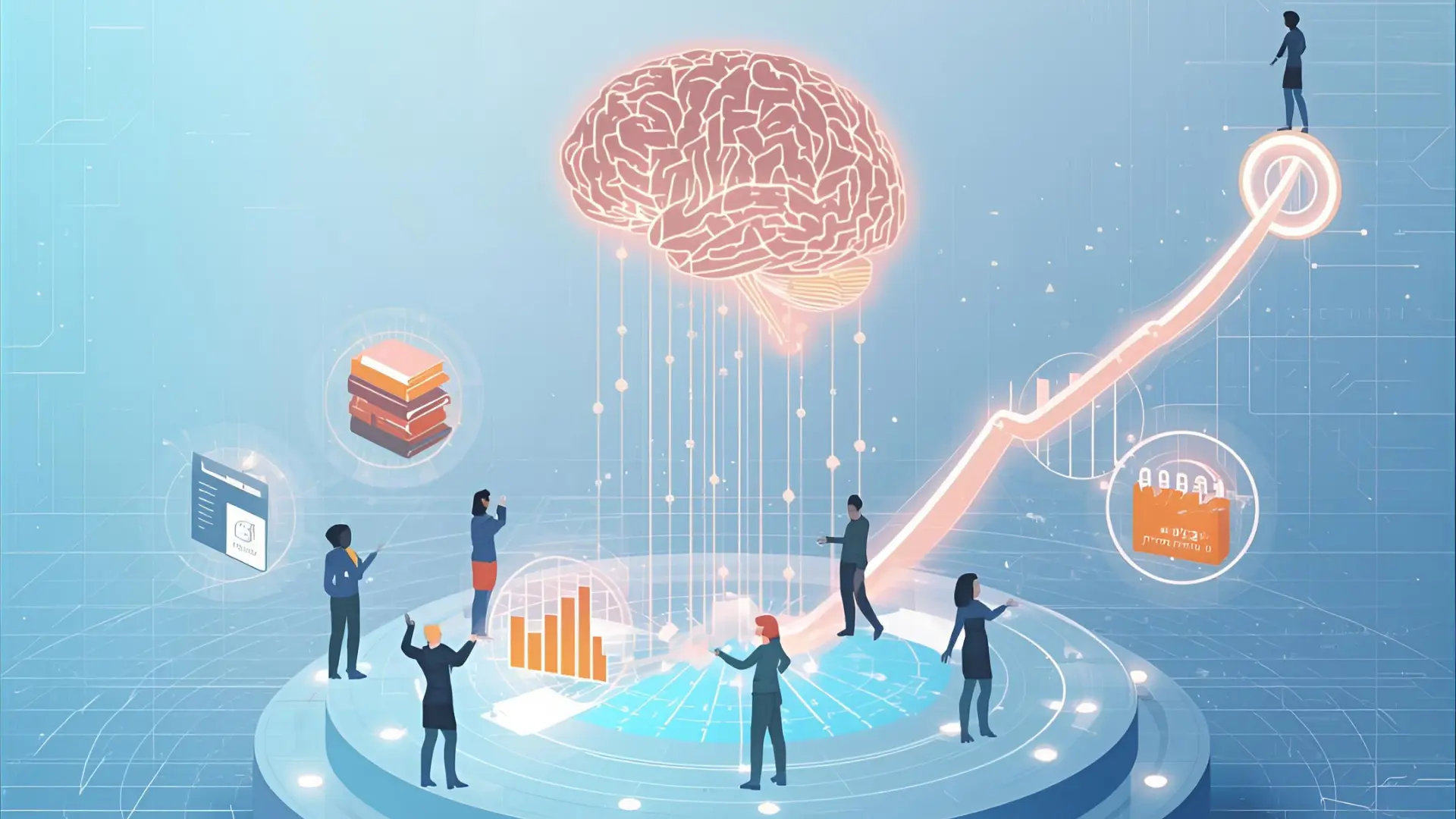Illustration of an AI hub connecting training modules, progress tracking, scheduling, and career growth icons through glowing data lines, symbolizing adaptive, data-driven employee learning and development.
