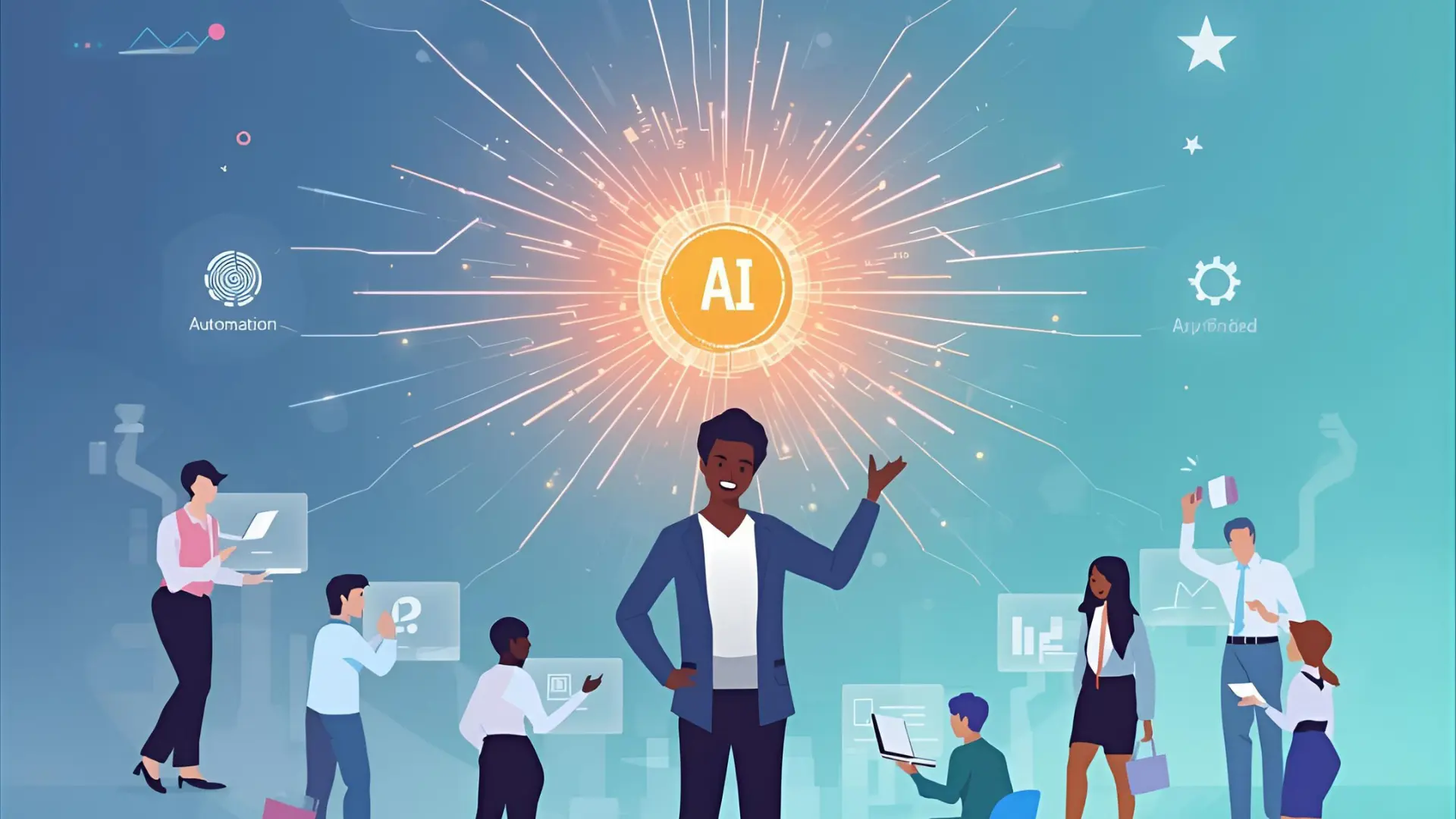 Illustration of an African HR professional interacting with a glowing AI dashboard connected to employee learning modules and analytics icons, symbolizing personalized, data-driven employee development and performance growth.