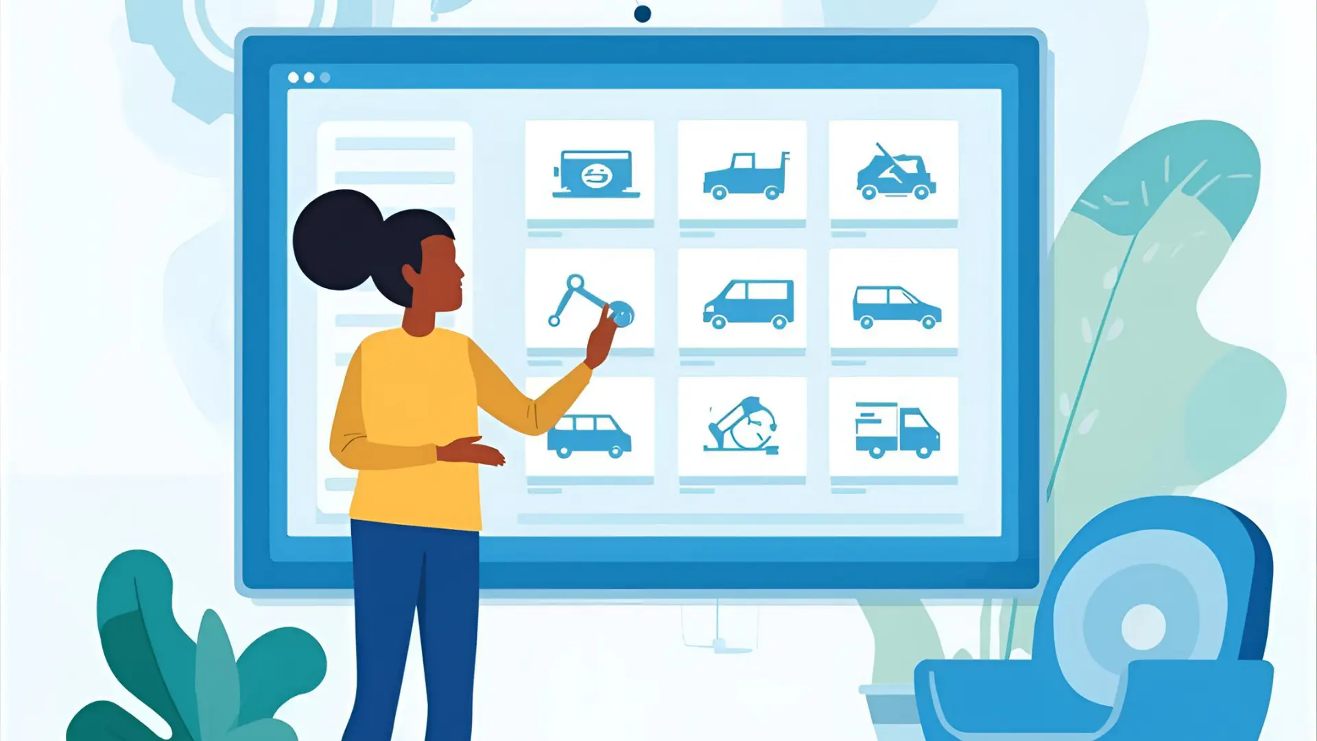 Illustration of an African professional managing company assets on an AI-powered dashboard, symbolizing smart, automated asset tracking and optimization.