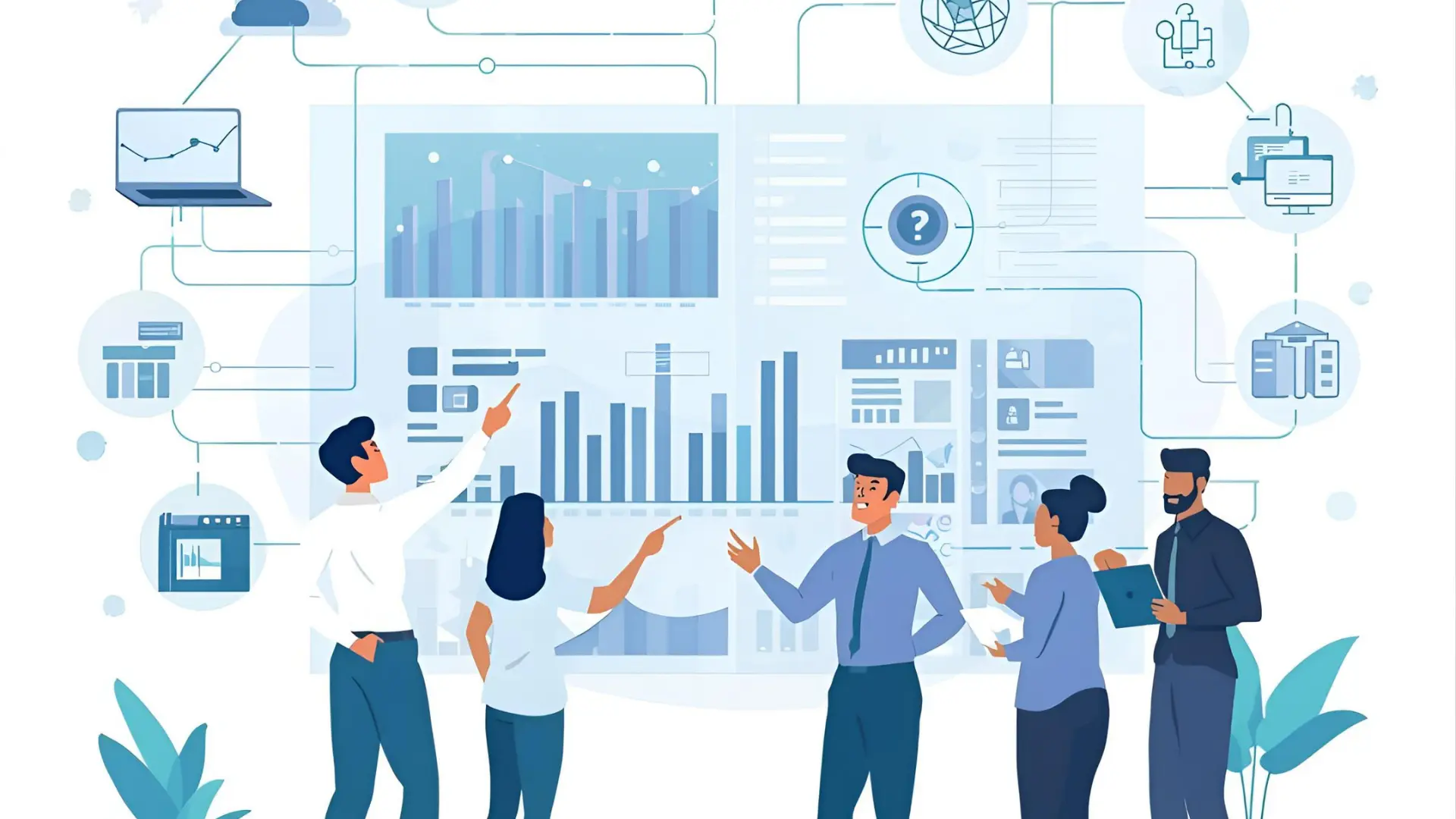 "Illustration of a diverse team in a modern office using AI-powered asset management software. They are interacting with a large digital dashboard showing real-time inventory, predictive analytics charts, and automated workflow alerts. Digital lines connect physical and digital assets, representing AI-driven insights, collaboration, and smarter asset management.