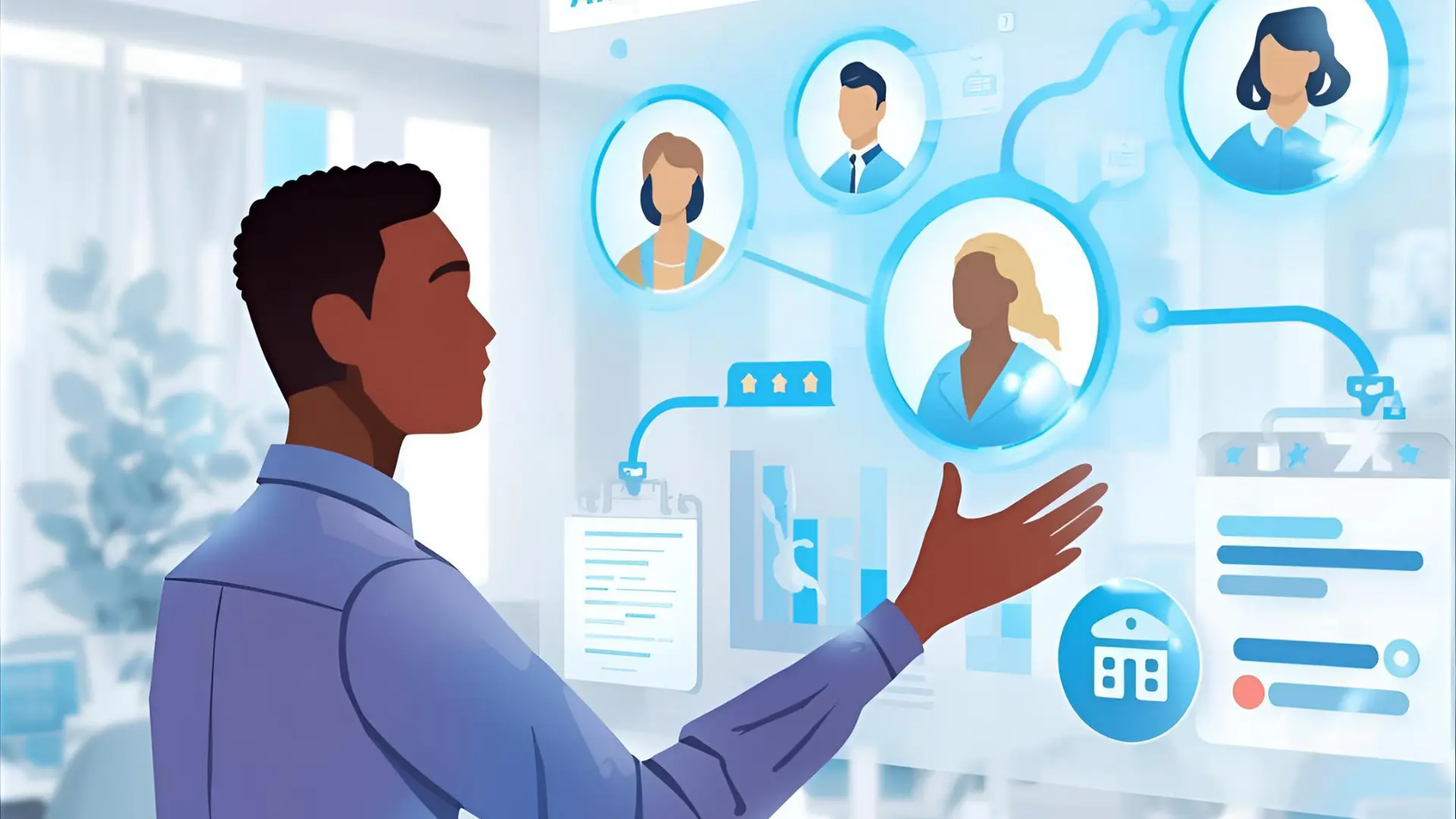 Kenyan HR professional using AI-powered recruitment dashboard showing candidate ranking, intelligent interview scheduling, personalized communication, smooth candidate-to-employee transition, and automated offer letter generation.