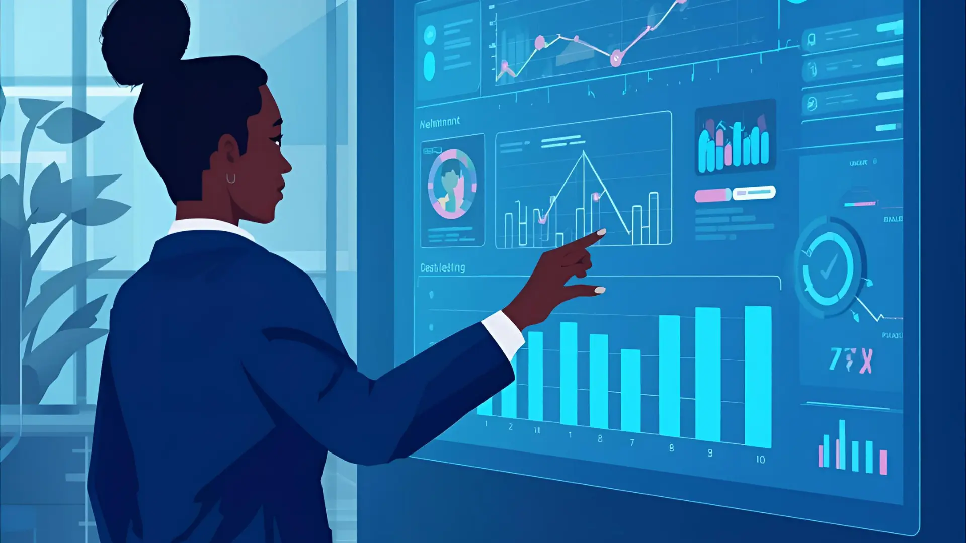 Kenyan HR manager viewing AI-powered leave management dashboard with abstract icons and calendar indicators, showing smart approval workflows and predictive planning, no visible text.”