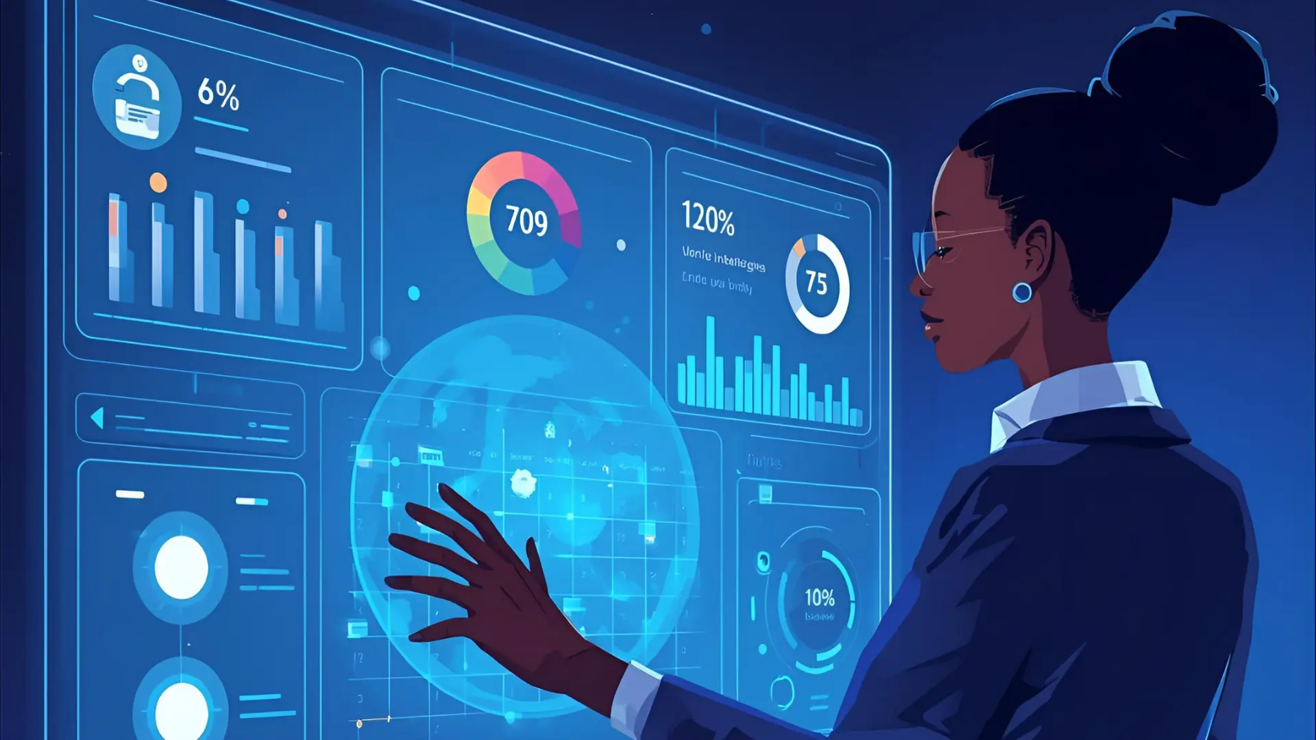 AI-powered leave management dashboard with glowing calendar icons and workflow indicators, viewed by a Kenyan HR manager, symbolizing intelligent approvals, adaptive policies, and predictive staffing coverage.