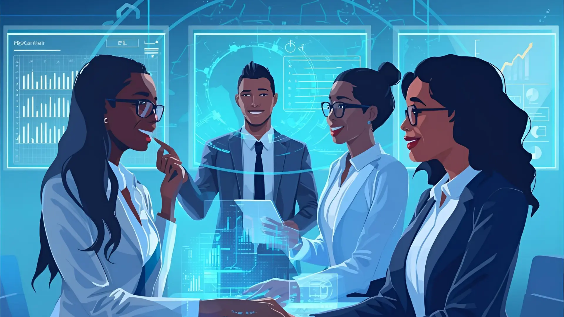 Kenyan HR team using an AI-powered leave management system with holographic dashboards and predictive visuals, symbolizing automation, employee empowerment, and uninterrupted operations.